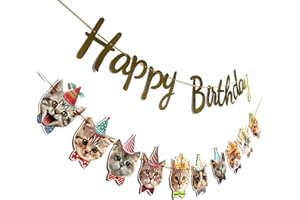 YUNSHANGMO Happy Birthday Cat Banner Garland Funny Decor Cat Face Bday Party Bunting Decorations Gold Sign