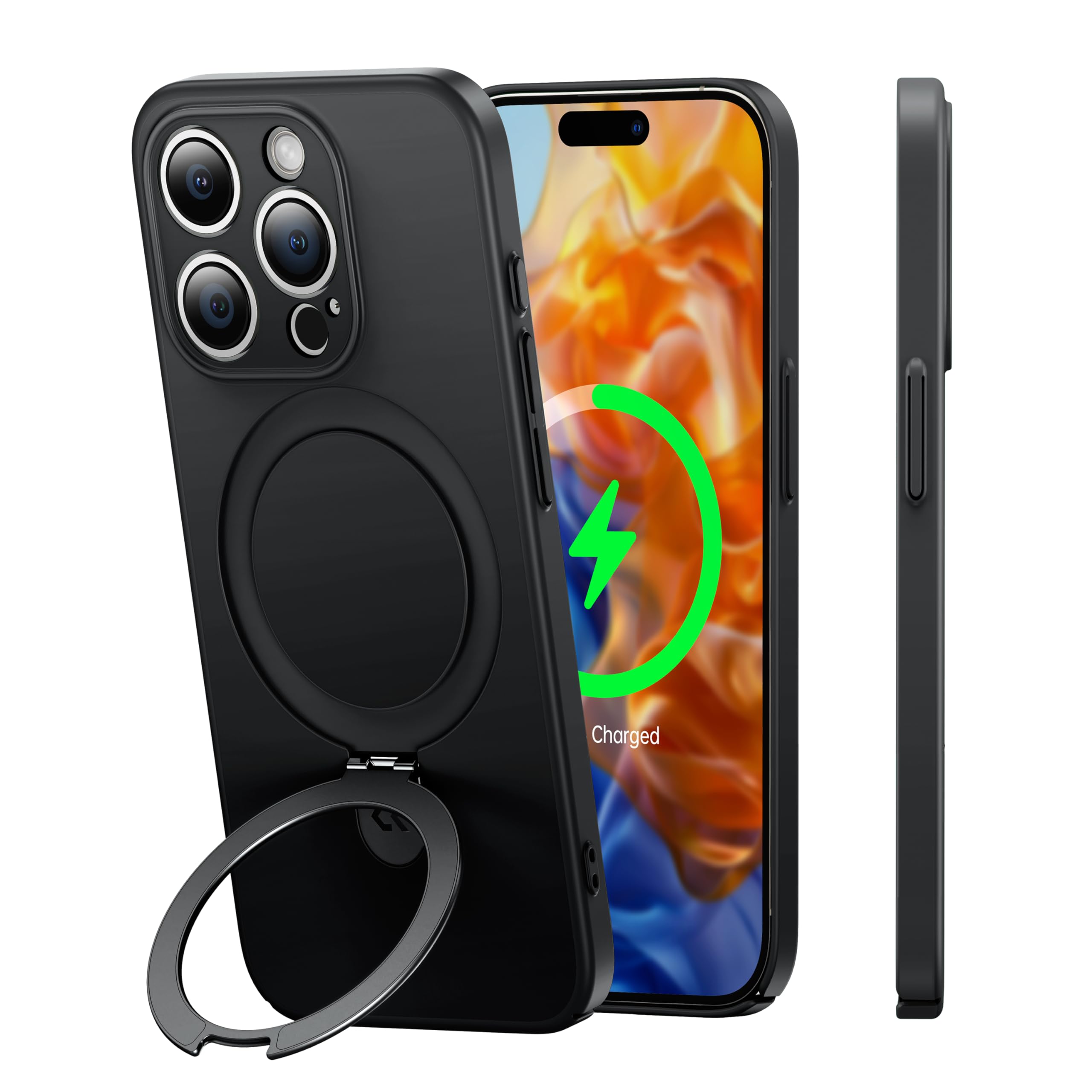 Photo 1 of CASEKOO Magnetic Stand Slim-Fit for iPhone 15 Pro Case [MagSafe-Compatible][Lens Protection][Velvety Touch][Cushioning Cotton] Matte Hard Anti-Scratch Case for iPhone 15 Pro, Gemstone Black