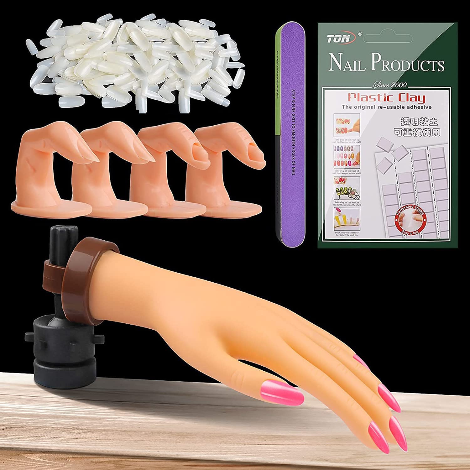 EBANKU Nail Practice Hand Model, Acrylic Nail Art Training Hand & Fingers Flexible Bendable Manicure Hand with Nail Clay Nail Files and 500PCS Natural Color False Nails Tips for Nail Art Practicing