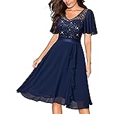 Miusol Women's Sequin Lace V Neck Ruffle Style Cocktail Party Chiffon A-line Dress