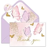 Whaline 24 Pack Butterfly Thank You Cards Purple Pink Blank Note Cards with Envelope Sticker Foil Gold Greeting Card for Wedding Birthday Bridal Shower