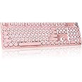 CHICHEN Retro Steampunk Typewriter-Style Gaming Keyboard, Blue Switches,Pure White Backlight, USB Wired, for PC Laptop Desktop, Stylish Pink Mechanical Keyboard Round Keycaps