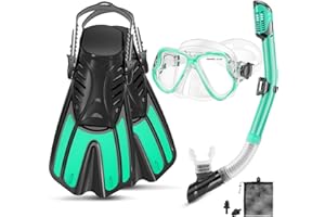 PIYAZI Mask Fins Snorkel Set, Snorkeling Gear for Adults with Panoramic View Mask, Dry Top Snorkel, Adjustable Short Fins and Travel Bag, Adults Snorkel Set for Swimming Snorkeling Diving
