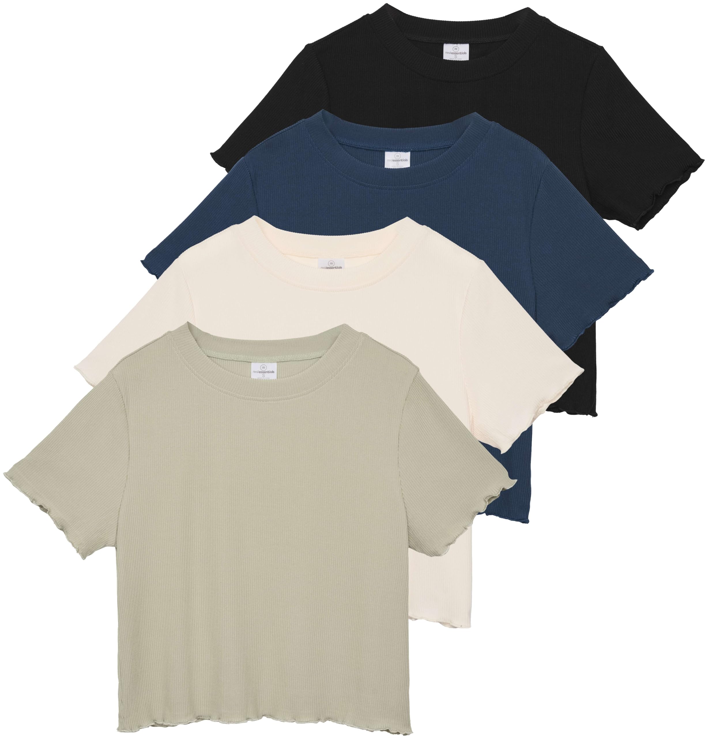 Photo 1 of Real Essentials 4 Pack:Women's Lettuce Trim Ribbed Knit Short Sleeve Crop Tops Shirts Casual Summer Going Out T-Shirts