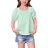 BesserBay Girls Summer Puff Short Sleeve Square Neck Tee Shirts Ruffle Smocked Blouses Cute Swiss Dot Tops 5-14 Years