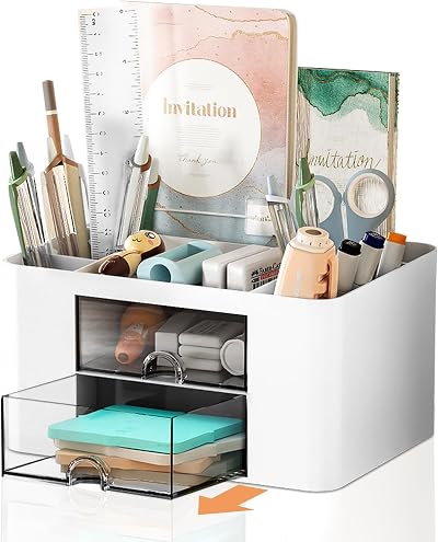 Cayxenful Desk Organiser with 2 Drawers White 5 Compartments
