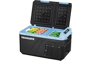 Tecnolove 25L Car Refrigerator Freezer, 27QT Dual Zone Portable Compressor Cooler with Reversible Door, 100–240V AC / 12V / 24V DC Powered, Touchscreen Control, LED Light, -4℉ to 68℉, Ice Blue