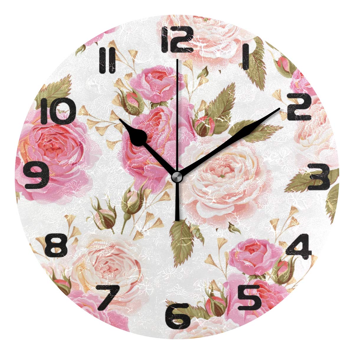 Hunihuni Wall Clock Floral Flower Rose Pattern Silent Non-ticking Clock for Bedroom Living Room Home Office Decor
