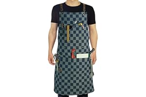 Stenffy Fashion Checkered Denim HandWork Apron for Hairstylists, Chefs, Bartenders, Baristas, Artists, Men and Women (Extra Large)