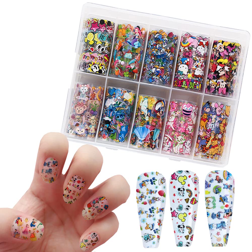 Photo 1 of 10 Rolls Cute Cartoon Nail Foil Transfer Stickers Nail Art Supplies Designer Nail Stickers Holographic Nail Art Foil Decals Cartoon Nails Designs for Women Acrylic Nails Decoration