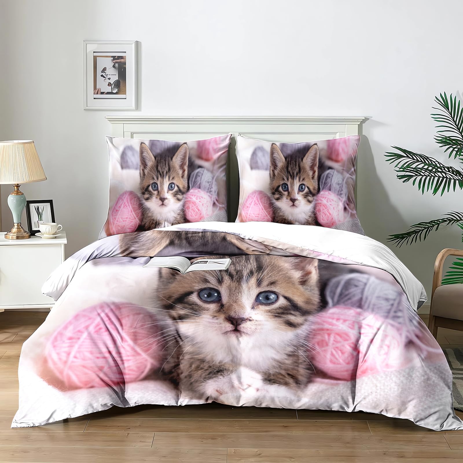 Yzehomijia Cat Duvet Cover Sets 220×240 cm, 3D Cat Print, 1 Pink Microfibre Duvet Cover + 2 Pillowcases 65×65 cm.(Cat2×220)