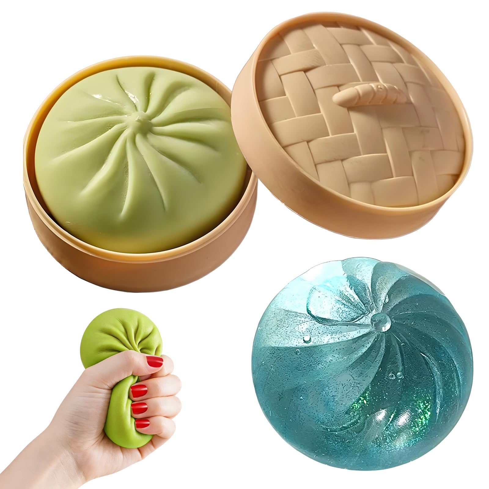 2Pcs Squishy Dumpling, Giant Dumpling Squishy, Dumplings Squishys for Office Workers and Sensory Needs, Includes Crystal and Green Dumplings with Steamer Display
