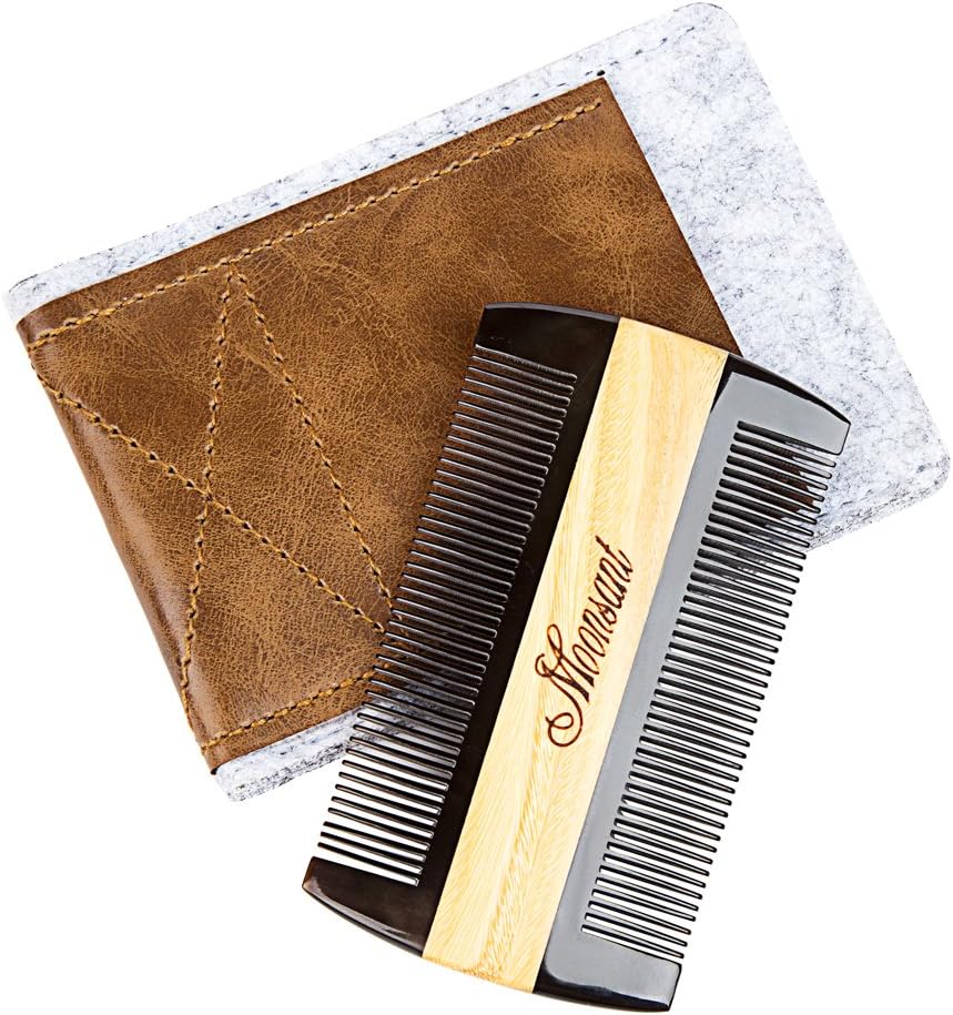 Beard Comb-Black Buffalo Horn&Green Sandal Wood Comb-Cool Pocket Comb for Men's Hair Beard Mustache and Sideburns - Perfect for Balm and Oils (Horn&Wood Comb)