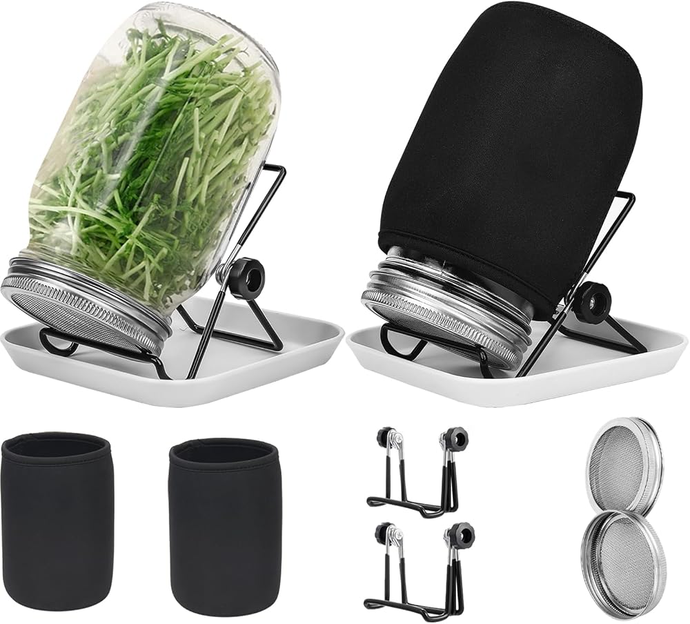 Hisredsun Seed Sprouting Jar Kit 2x1000ml Wide Mouth Stainless Lids Tray Stand