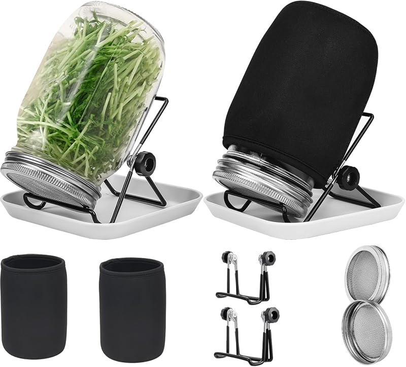 Hisredsun Seed Sprouting Jar Kit 2x1000ml Wide Mouth Stainless Lids Tray Stand