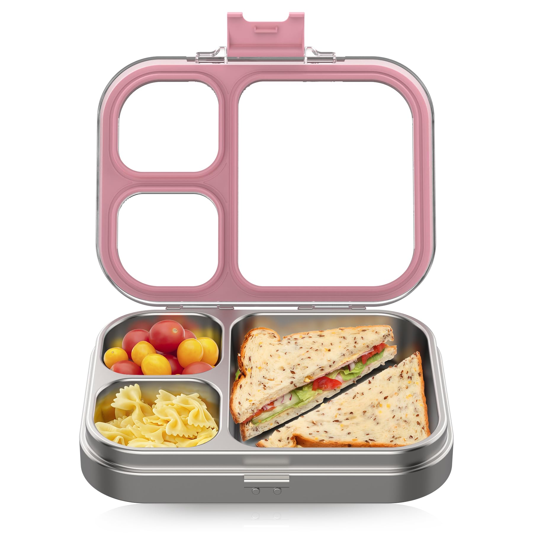 Photo 1 of HOMEKOL Stainless Steel Lunch Box, 3 Compartments Metal Bento Box for Kids Adults, Leak-Proof Lunch Box for School Office, Dishwasher Safe, BPA-Free, Tritan Lid, Pink