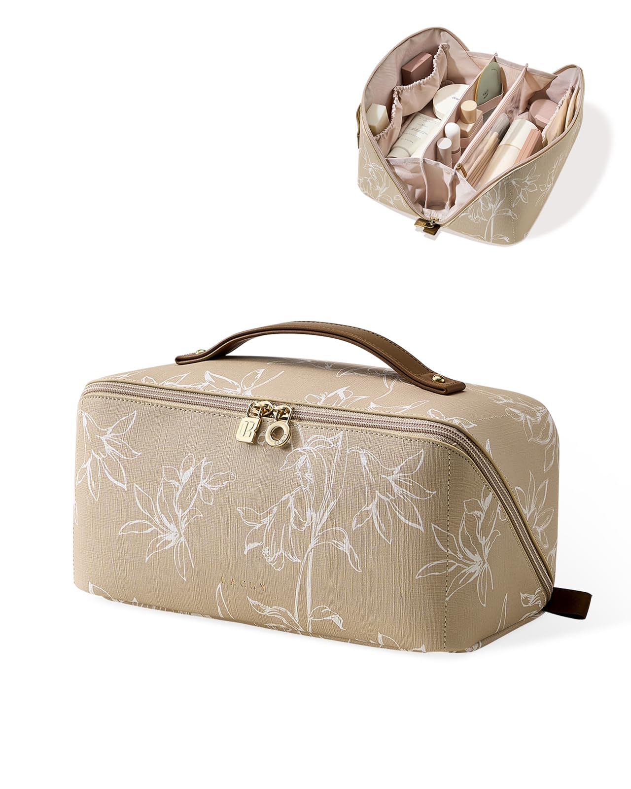 Photo 1 of EACHY Travel Makeup Bag,Large Capacity Cosmetic Bags for Women,Waterproof Portable Pouch Open Flat Toiletry Bag Pattern Makeup Bag (F-Brown-Large)
