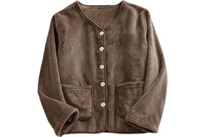 OPLXUO Women Fluffy Pajama Tops Plush Button Down Sleepwear Fuzzy Fleece Jacket Long Sleeve Warm Winter Coat with Pockets