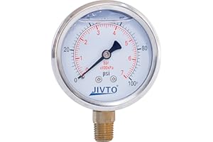 JIVTO Pressure Gauge,Glycerin Liquid Filled,2-1/2" Dual Scale Dia,0-100 psi/bar/kpa,1/4" NPT Male Brass Connection,Lower Mount, Stainless Steel Case, Pneumatic,Pump,Hose,Well Tank,Gas Air Water Oil