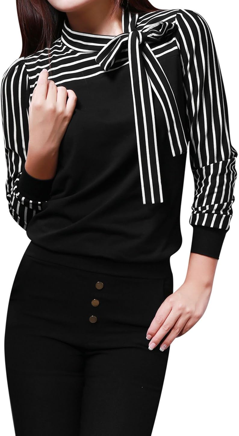 Allegra K Women's Tie-Bow Neck Striped Blouse Long Sleeve Shirt Office Work Shirt Tops