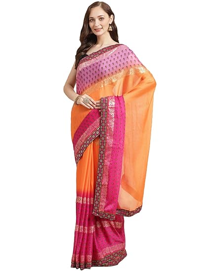 Shaily Womens Georgette Floral Print with Printed Lace Border Saree[Pink & Orange]