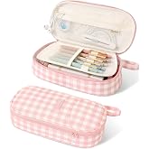 SUNEE Cute Pencil Case, Large Colored Pencil Pouch, Aesthetic Pen Bag with Zipper, Kawaii Stationery Storage and Organizer, School Supplies for Teen and Adult, Boys &amp; Girls, Pink Checkered