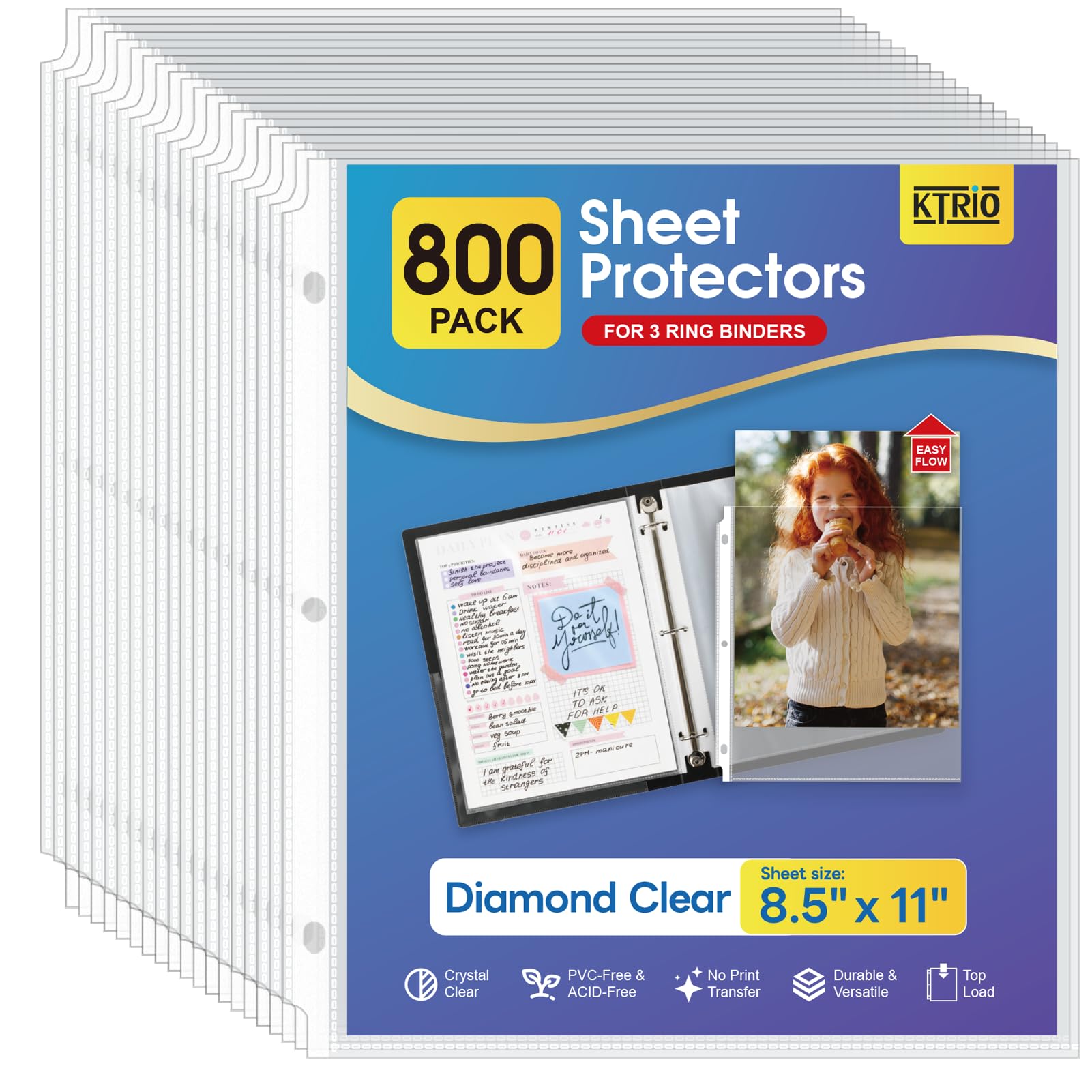 KTRIO Sheet Protectors for 3 Ring Binder 800 Pack, Clear Page Protectors 8.5 x 11, Plastic Binder Sleeves for Paper, Top Loading, Office Home School Image
