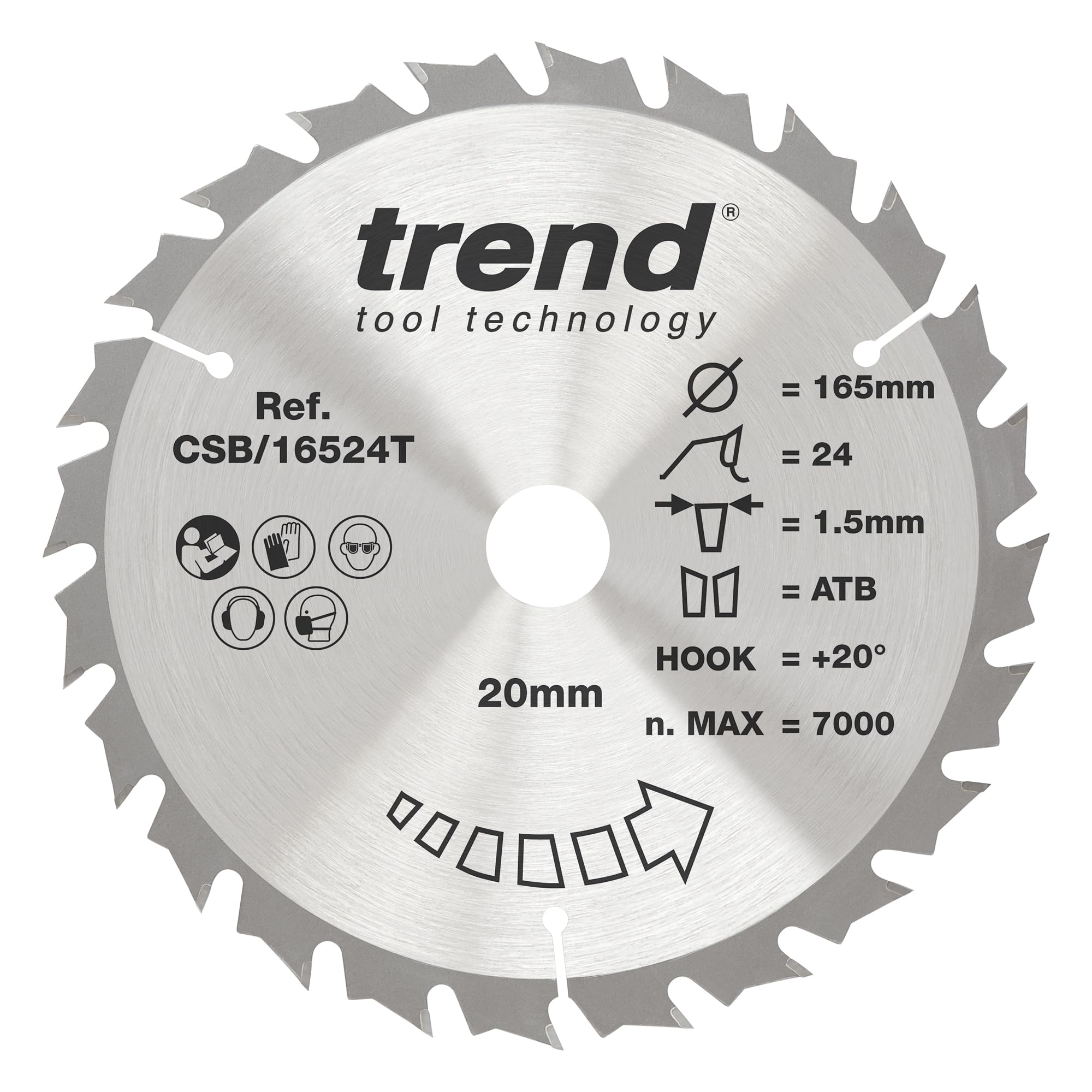 Trend Wood Cordless Circular Saw Blade, 165mm Diameter, 15.88mm Bore, 24 Teeth, 1.6mm Kerf, +15° Hook, TCT, Medium Finish, CSB/16524TC