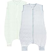 Toddler Sleep Sack with Feet 18-24 Months 2 Pack, 100% Cotton Wearable Blanket for Baby 2T, 2-Way Zipper Baby Sleeping Sack with Legs for Boys and Girls, Green & Blue