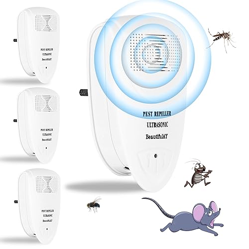 BeautifulAY Ultrasonic Pest Repeller 4 Pack - Mouse Repellent - Plug and Play Pest Control Device, Great for Mice & Rats, Works for Cockroaches, Ants, Mosquitoes, Flies, Spiders, Moths, Silverfishes