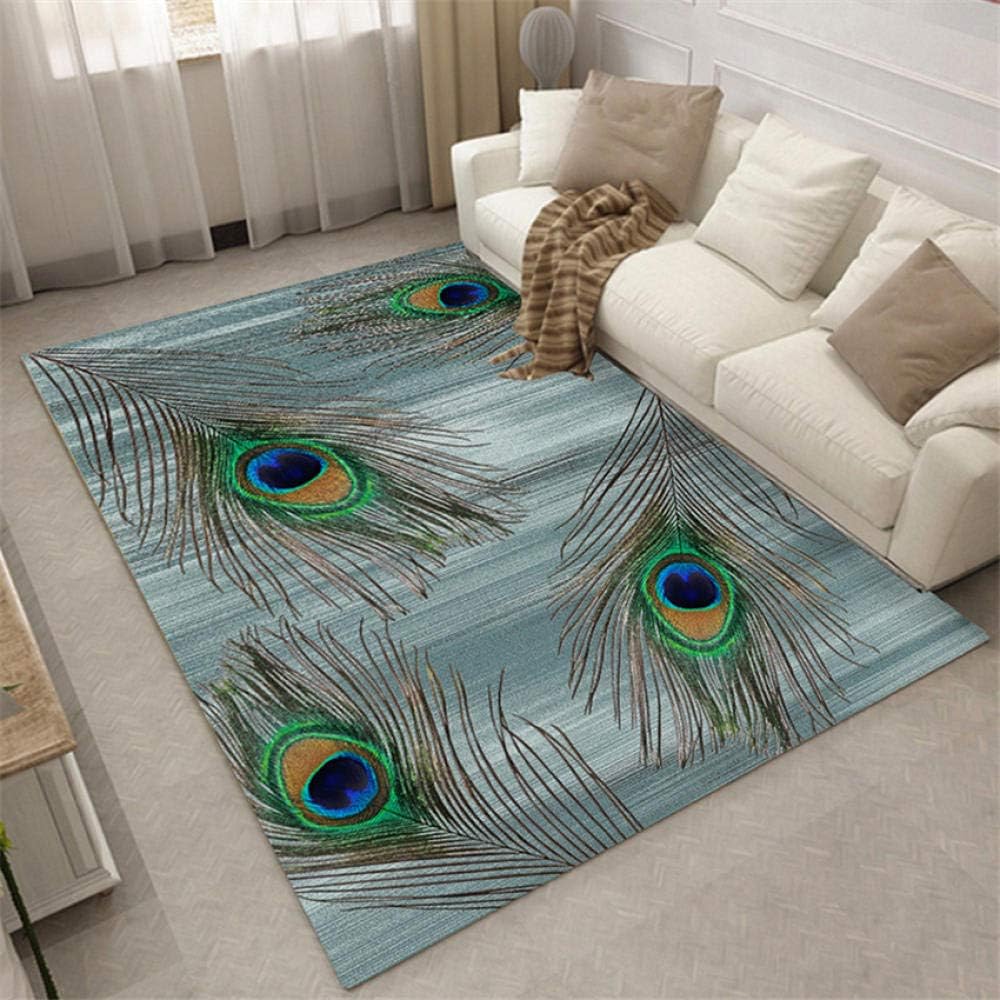 Design Rug Contemporary Rug Living Room Rugs Short Straight Pile Carpets Green Golden Feather Pattern Ultra Soft Rug 1.4x2m