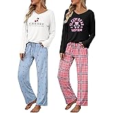 Ekouaer Womens 2 Pack Pajama Set Short & Long Sleeve Pajamas Top and Pants V Neck Pjs Set Soft Loungewear with Pockets