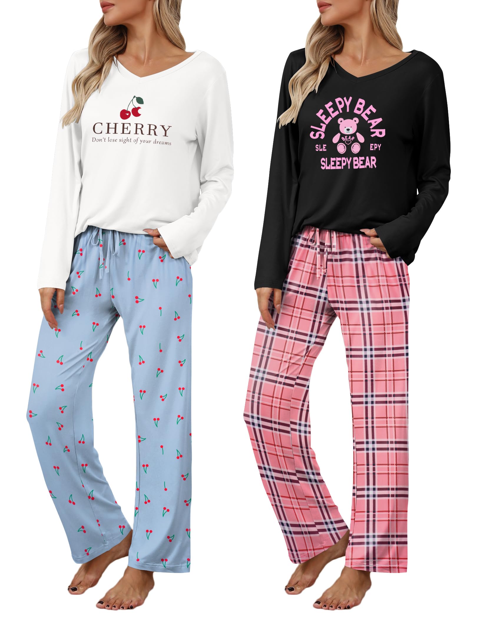 Ekouaer Womens 2 Pack Pajama Set Long Sleeve Pajamas Top and Pants V Neck Pjs Set Soft Loungewear with Pockets Image