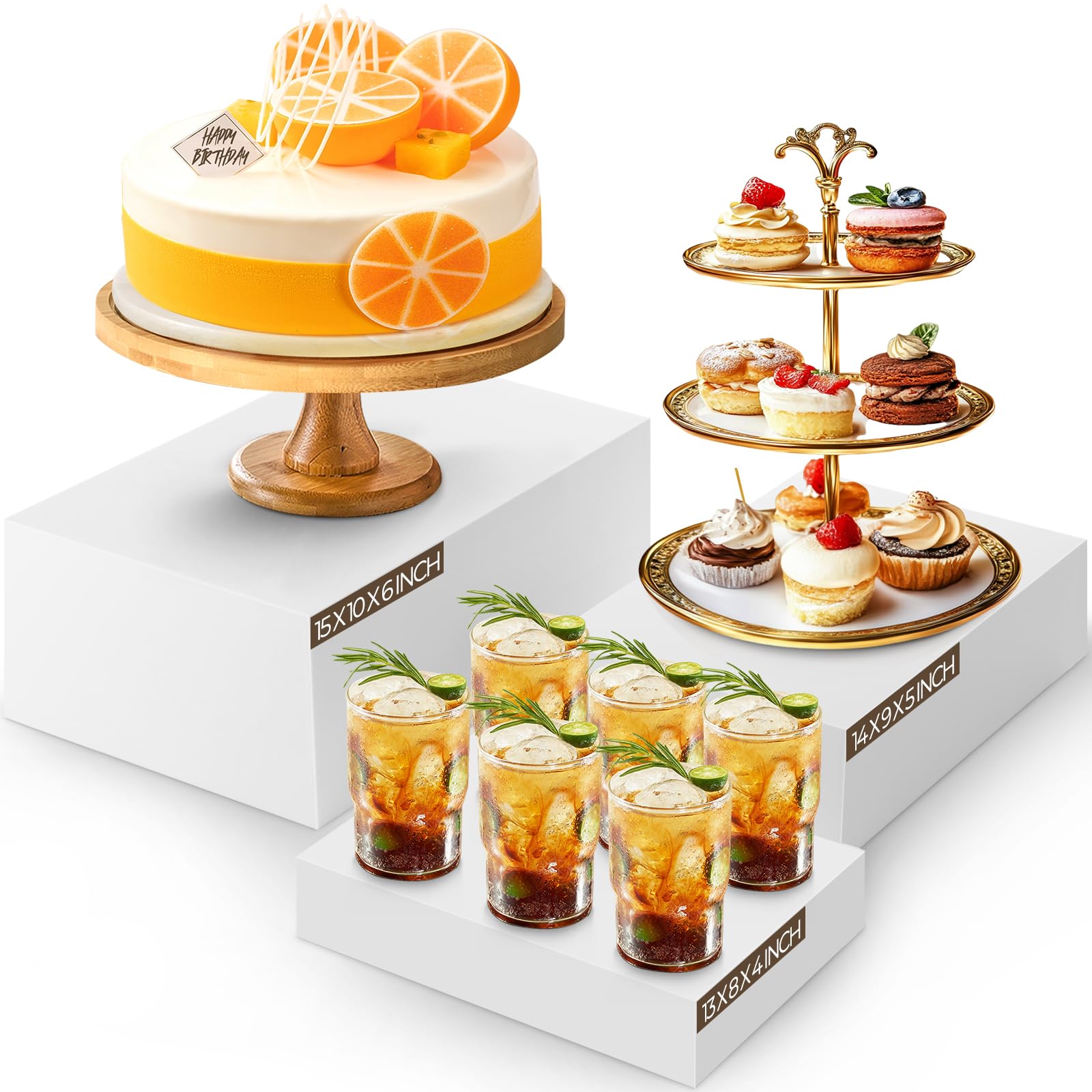 Photo 1 of BrightRow 3 Pack Extra Large Acrylic Buffet Risers - 15”, 14”, 13” White Display Stands with Hollow Bottoms, Cube Riser Boxes Nesting for Dessert Food Catering Buffet Display Party Supplies