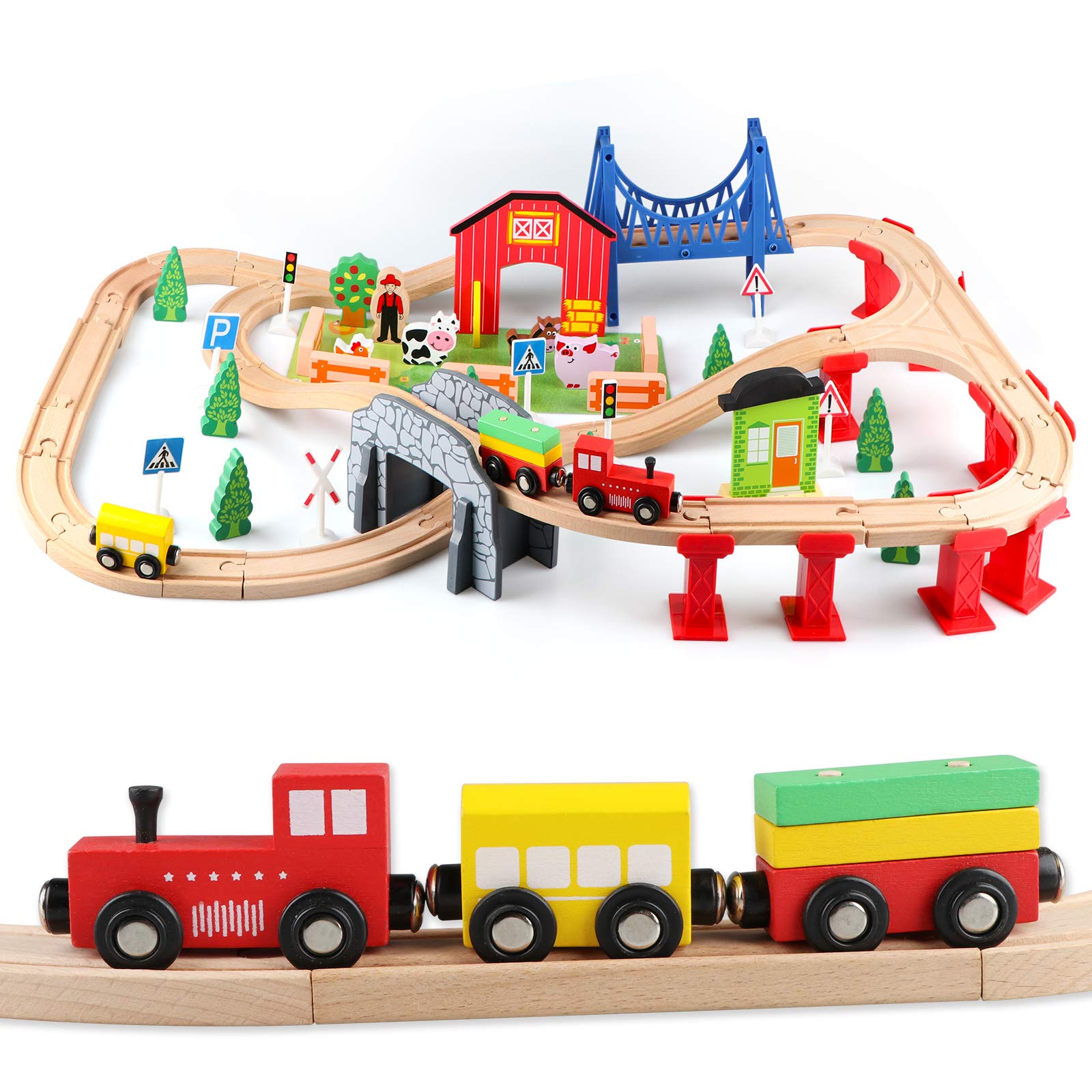 Jacootoys 80PCS Wooden Train Tracks Set Magnetic Trains Educational Construction Toy Wooden Car Tracks Vehicles for Kids 3+ Years Old Girls Boys