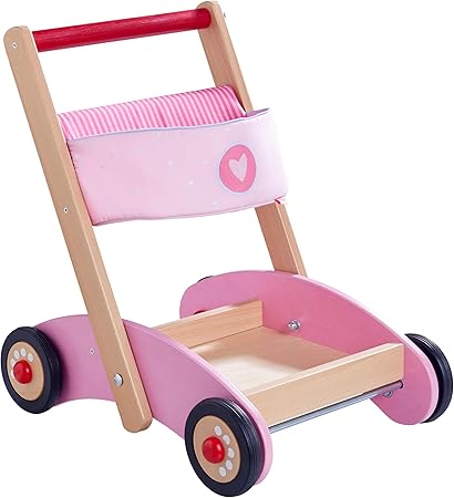 HABA 304396 - Lauflernwagen Glitzer-Flitzer, Lauflernhilfe aus Holz und Stoff mit Transportfach und Tasche für Spielsachen, ab 10 Monaten
