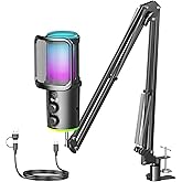 Gaming USB Microphone, Noise Cancellation Condenser Mic with Mute,Boom Arm Mic-Reverb Adjustment, Monitoring for Streaming, Podcasting, Discord, YouTube,PC, Computer, PS4, PS5, Mac