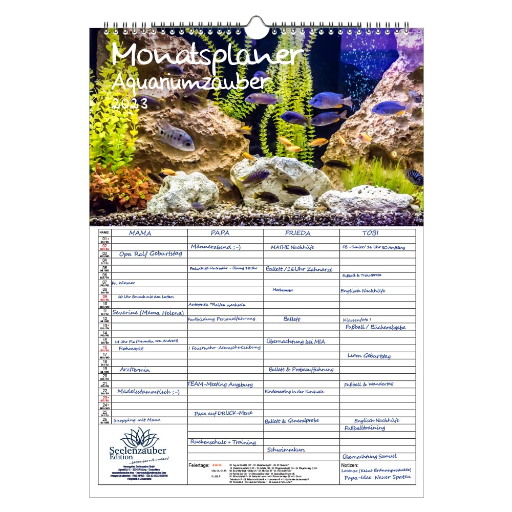 Wall Planner Family Planner 4 Columns - Aquarium Magic DIN A3 Calendar for 2023 Animals in Aquarium and Underwater