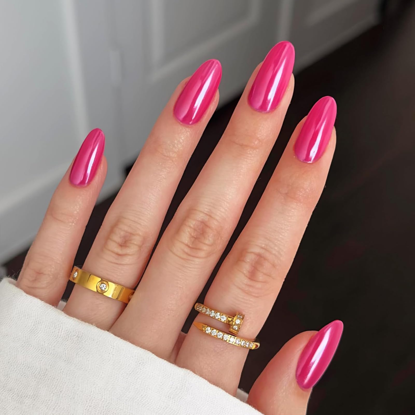 Modelones Hot Pink Press on Nails Almond, Summer Spring Short Almond Fake Nails, Reusable Nail Kit with Nail Glue Adhesive Tabs Mini Nail File, Nails Press Ons 32Pcs 16Sizes