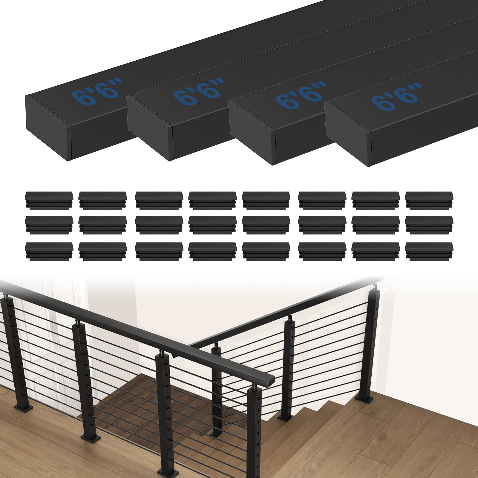 Photo 1 of CKE 4 Pack 6'6"Stainless Steel Handrail, Cable Railing Handrail for Indoor Outdoor Deck Stair, Flat Top Rail Cable Railing System, Black Rectangular Hand Rails Deck Railing Kits with End Caps, HT01