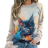 Spatofa Womens novelty funny cat printed crewneck sweatshirt casual loose long sleeve graphic pullover sweatshirts tops