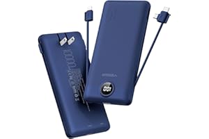 VEGER Portable Charger with Built-in AC Plug and Cables, All in One 10000mAh Ultra Slim Power Bank Travel Essentials, 15W Fast Charging Battery Pack Compatible with iPhone, Samsung, Android (Navy)