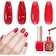 AZUREBEAUTY Red Jelly Nail Polish No Gel Quick Dry Gold Foil Glitter 2 Colors Nail Lacquer Natural Fingernail Kit Vegan DIY Salon Home Women Gifts 0.34oz