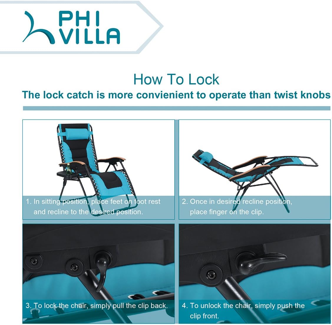 PHI VILLA Oversize XL Padded Zero Gravity Lounge Chair Wide Armrest Adjustable Recliner with Cup Holder, Support 350 LBS (Aqua) : Garden & Outdoor