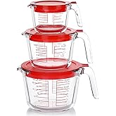 M MCIRCO 6 Pcs Glass Measuring Cups with Lids Set, 1-Cup, 2-Cup, 4-Cup Measuring Jugs with Handle, Nesting Liquid Measuring C