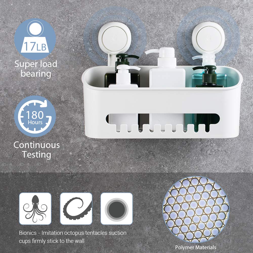 ilikable Vacuum Shower Caddy Suction Cup No-Drilling Removable Waterproof Bathroom Wall Shelf Shower Basket Storage Organizer for Shampoo Conditioner Razors Soap - White