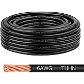 THHN Wire 6 Gauge 50 FT, 6 AWG Stranded OFC Copper Electrical Building Wire with Nylon Jacket PVC Insulation, Rated 600V for Residential, Industrial, CNC, Ground (6 Gauge, Black)