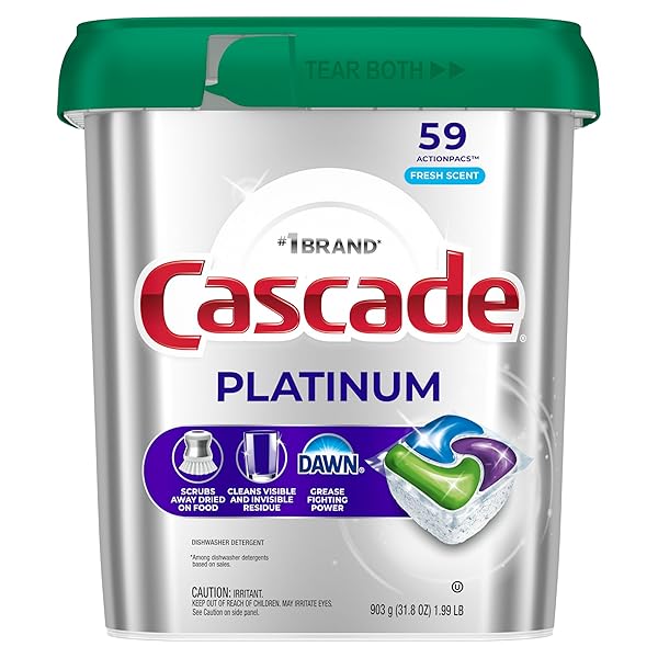 CASCADE PLATINUM DISHWASHER PODS, DISHWASHER DETERGENT, DISH DETERGENT SOAP, FRESH, 59 COUNT