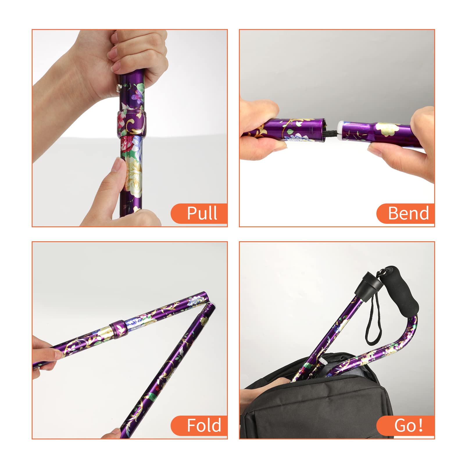 Walking Cane for Women & Men, Folding Cane Lightweight with Offset Handle, Adjustable Walking Stick for Seniors Mobility Balance, Small Base, 32-37