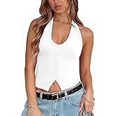 zhaistar Women's Halter Tank Top Ribbed Button Down V Neck Backless Slim Fit Vest Shirts Sexy Crop Going Out Tops
